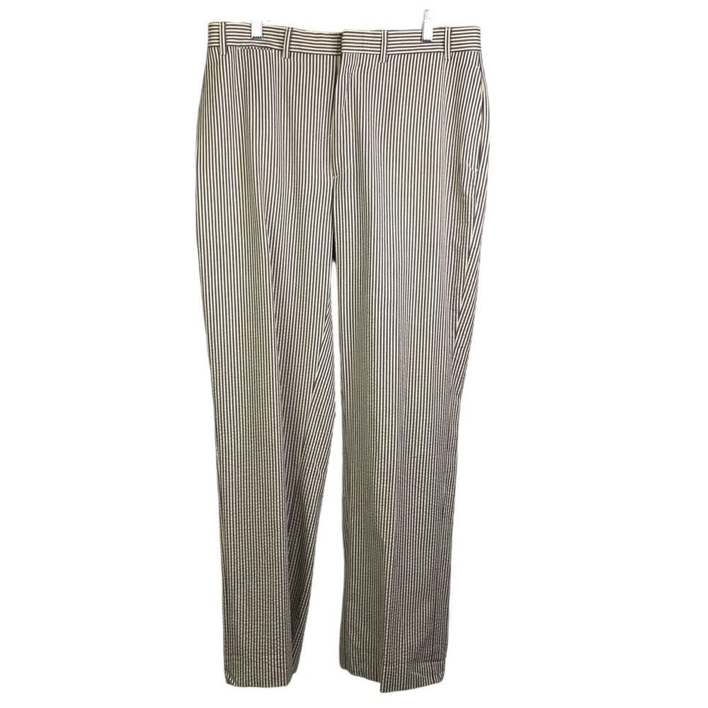 Orvis Pants Mens Size 34 Cream/slate Blue Seersucker‎ Straight Cut Flat Front